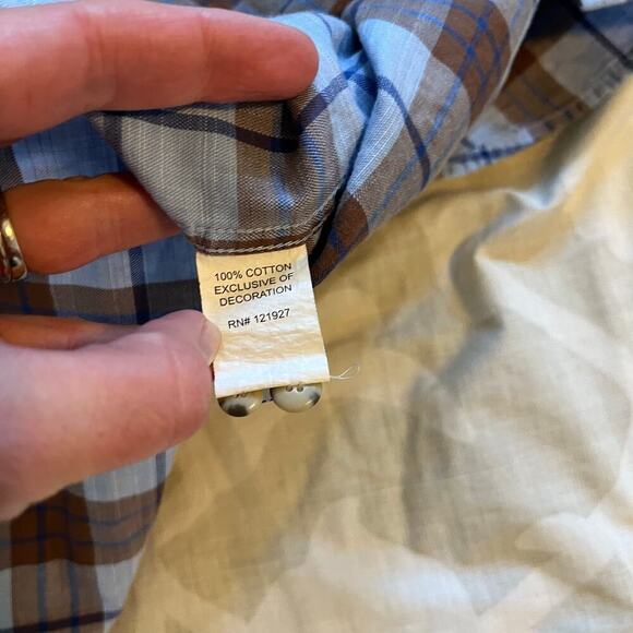 Johnnie-O hangin’ out blue brown plaid cotton button up shirt large - Picture 4 of 8